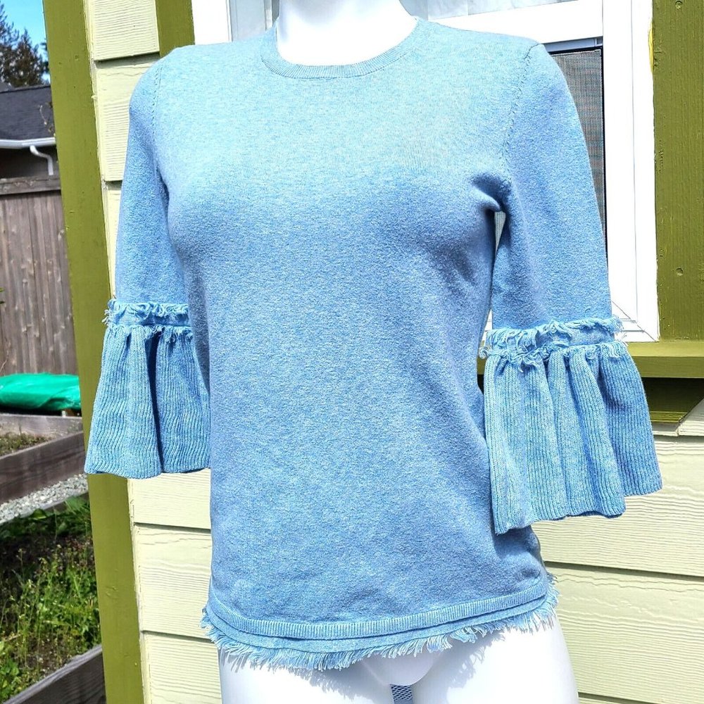 525 America Boho Sweater Size XS Baby Blue Fringe 3/4 Flared Sleeve Bohemian